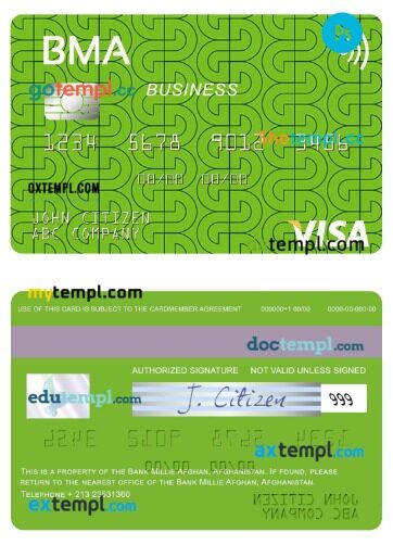 Afghanistan Bank Millie Afghan visa business card template in PSD format