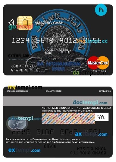 Afghanistan Da bank business amazing cash mastercard template in PSD format