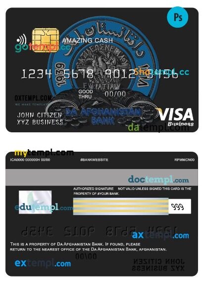 Afghanistan Da bank business amazing cash visa card template in PSD format