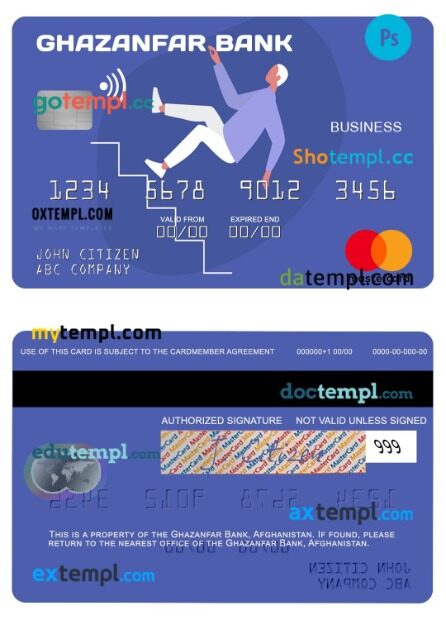 Afghanistan Ghazanfar Bank business mastercard template in PSD format