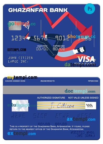 Afghanistan Ghazanfar Bank business platinum visa card template in PSD format