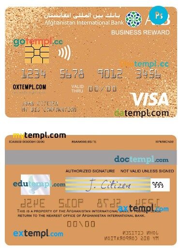 Afghanistan International Bank Business reward visa card template in PSD format