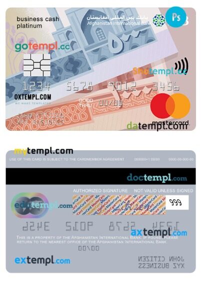 Afghanistan International Bank business cash mastercard platinum template in PSD format