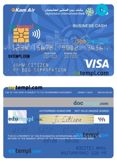 Afghanistan International Bank business cash visa card template in PSD format