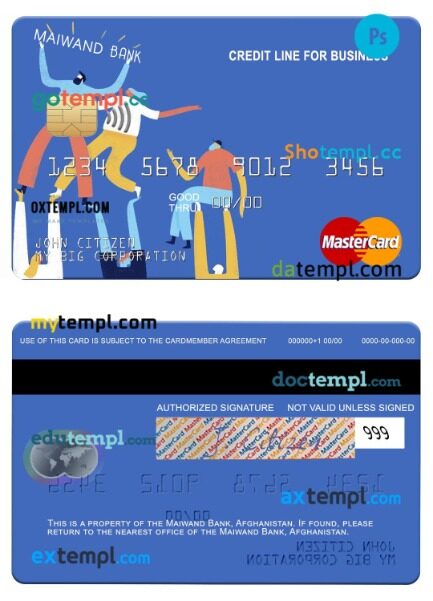 Afghanistan Maiwand Bank business credit mastercard template in PSD format