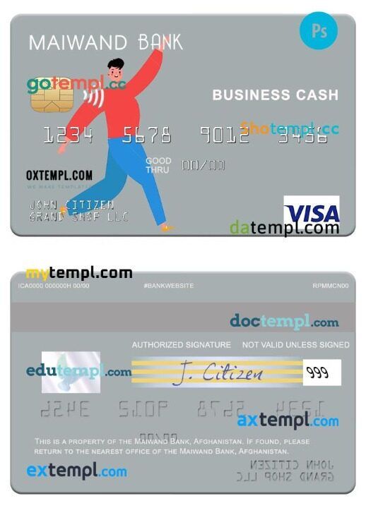 Afghanistan Maiwand Bank visa business cash card template in PSD format