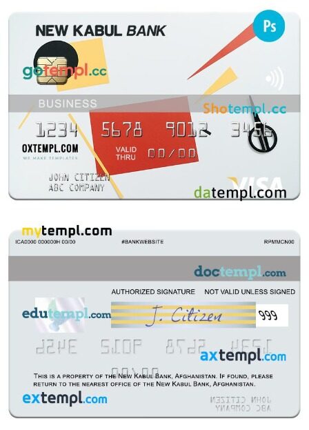 Afghanistan New Kabul Bank visa business card template in PSD format