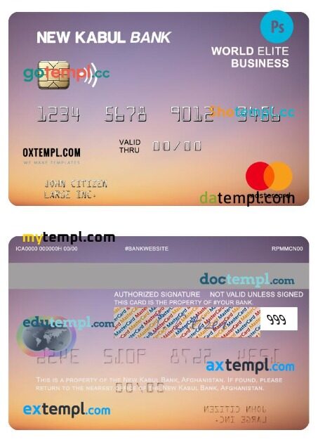 Afghanistan New Kabul Bank world elite business mastercard template in PSD format