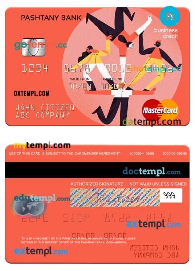 Afghanistan Pashtany Bank business credit mastercard template in PSD format