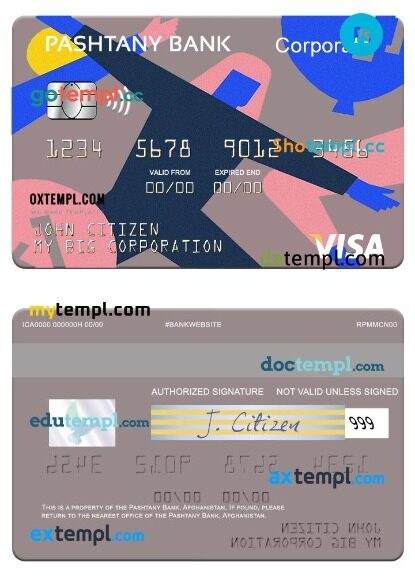 Afghanistan Pashtany Bank visa corporate card template in PSD format