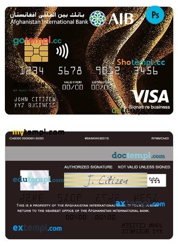 Afghanistan international bank visa business signature card template in PSD format
