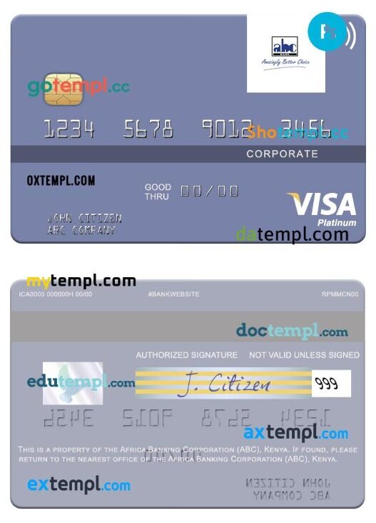Africa Banking Corporation (ABC) Kenya visa corporate platinum card template in PSD format