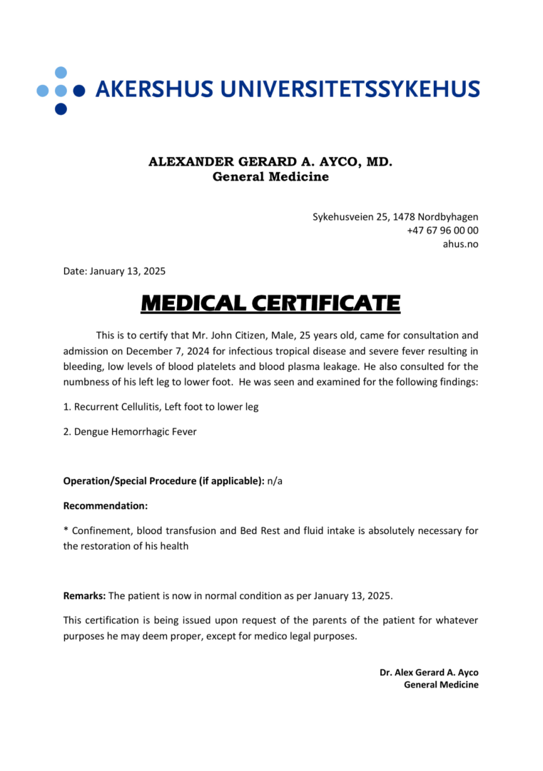 Akershus Universitetssykehus - Nordbyhagen Hospital medical certificate template in Word and PDF formats