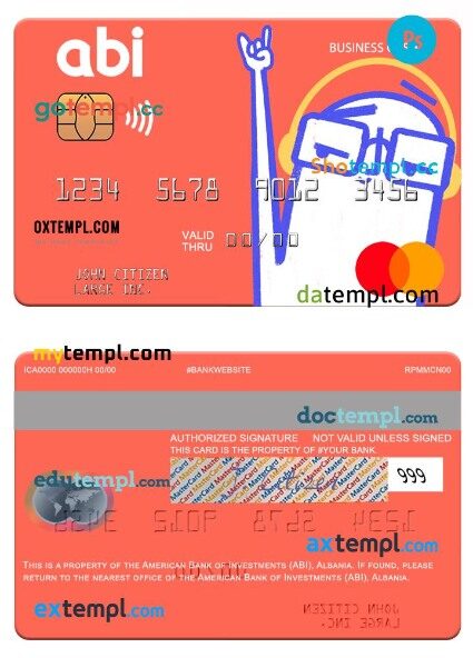 Albania American Bank of Investments (ABI) business cash mastercard template in PSD format