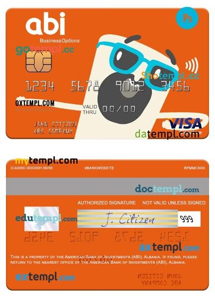 Albania American Bank of Investments (ABI) business signature visa card template in PSD format