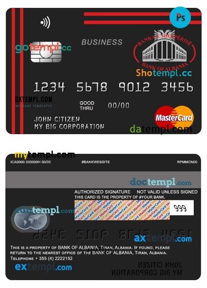 Albania Bank of Albania bank business mastercard template in PSD format