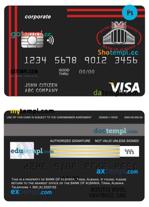 Albania Bank of Albania bank visa corporate card template in PSD format