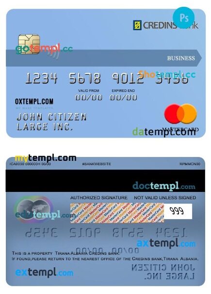 Albania Credins bank business mastercard template in PSD format