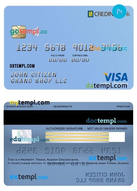 Albania Credins bank visa business infinite card template in PSD format