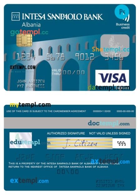 Albania Intesa Sanpaolo Bank visa business credit card template in PSD format