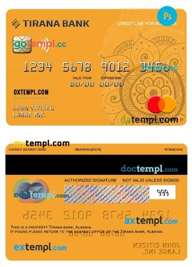 Albania Tirana bank business credit mastercard template in PSD format