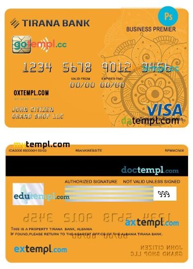 Albania Tirana bank business premier visa signature card template in PSD format