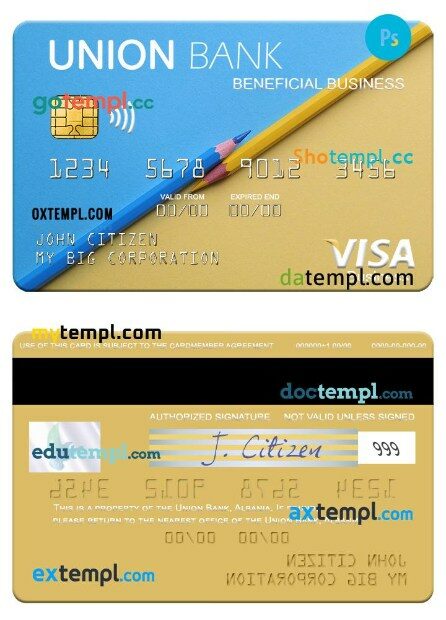 Albania Union Bank visa beneficial business card template in PSD format