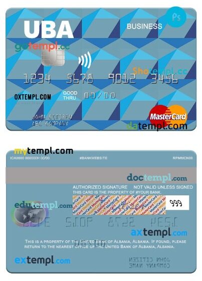 Albania United Bank of Albania business mastercard template in PSD format