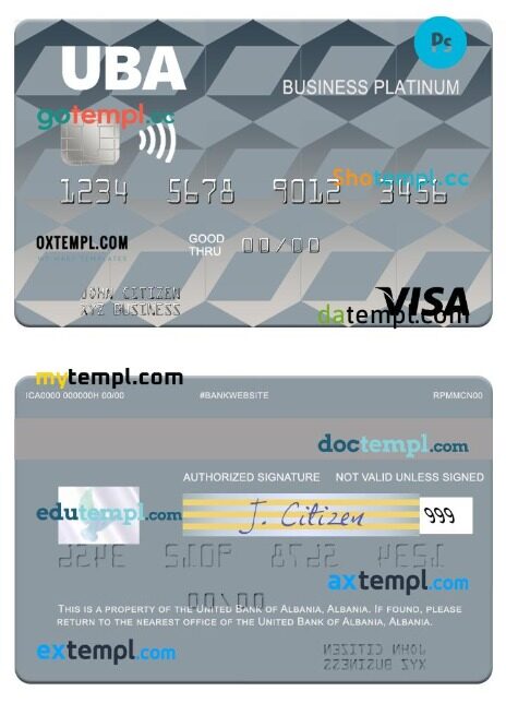 Albania United Bank of Albania business platinum visa card template in PSD format
