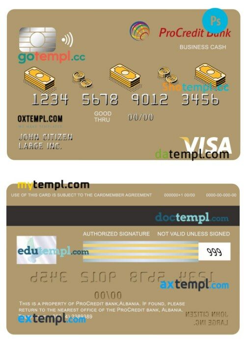 Albania procredit bank business cash visa card template in PSD format
