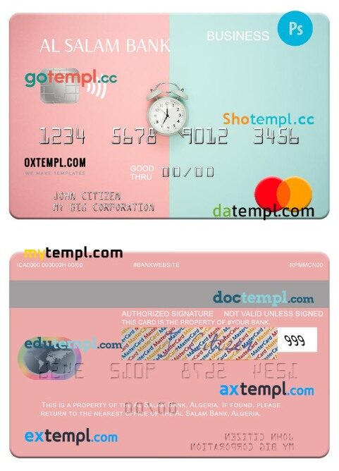 Algeria Al Salam Bank business corporate mastercard template in PSD format