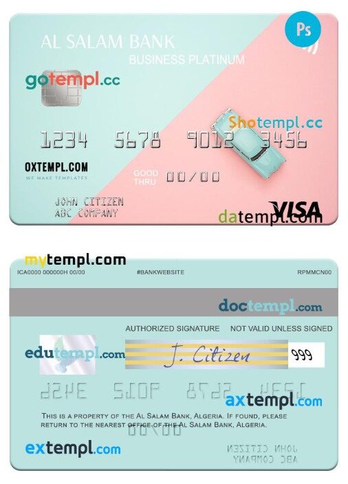 Algeria Al Salam Bank business platinum visa card template in PSD format