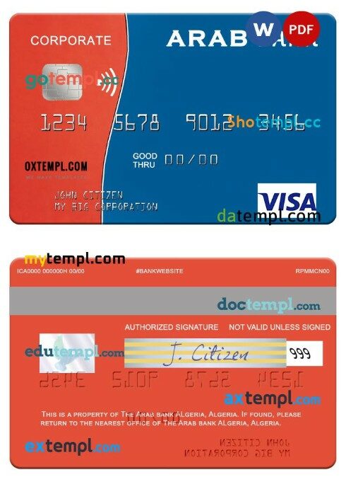 Algeria Arab Bank corporate visa card template in PSD format