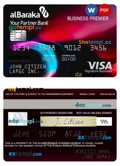 Algeria Banque AlBaraka Algérie business premier visa card template in PSD format