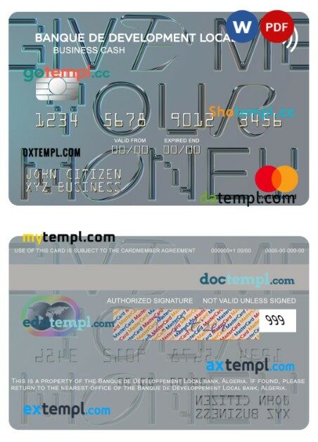 Algeria Banque de Développement Local business cash mastercard template in PSD format