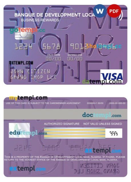 Algeria Banque de Développement Local business rewards visa card template in PSD format