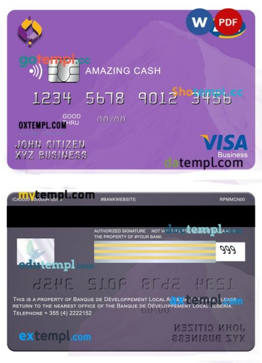 Algeria Banque de developpement Amazing Cash visa business card template in PSD format