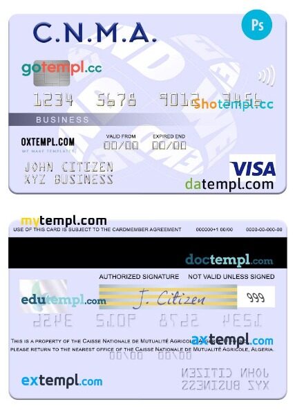 Algeria Caisse Nationale de Mutualité Agricole business visa card template in PSD format