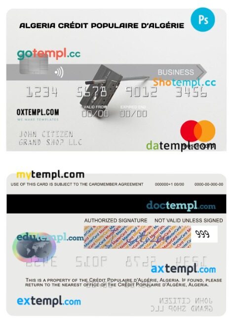 Algeria Crédit Populaire d’Algérie business mastercard template in PSD format
