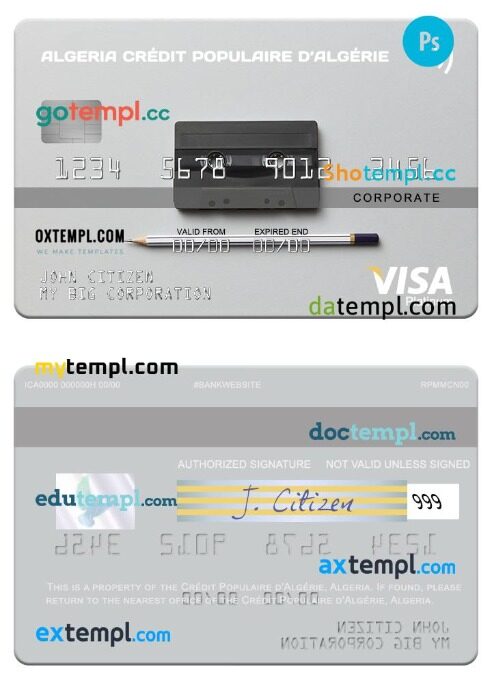 Algeria Crédit Populaire d’Algérie corporate visa card platinum template in PSD format