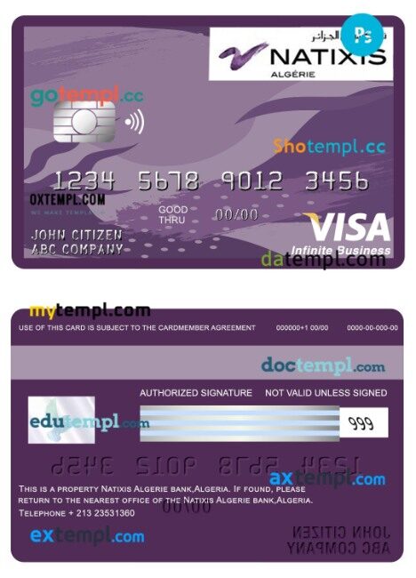 Algeria Natixis algerie bank Business visa Infinite card template in PSD format