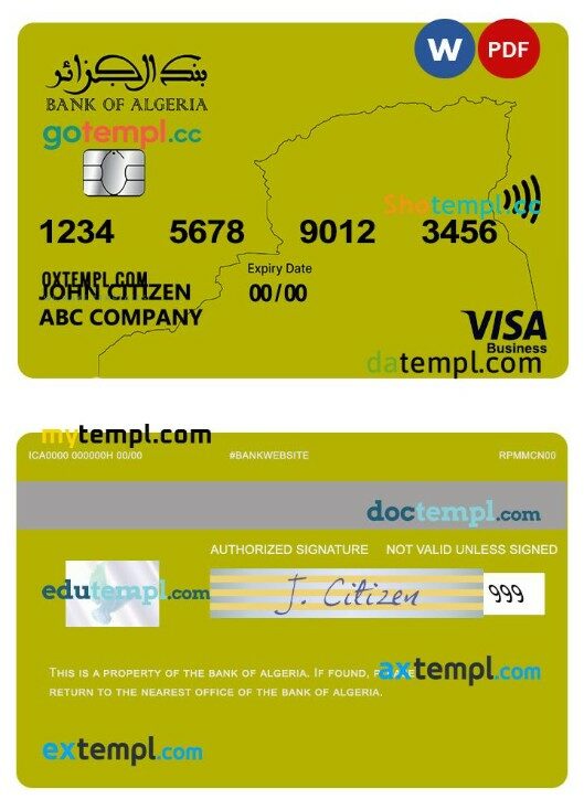 Algeria bank of Algeria visa business card template in PSD format