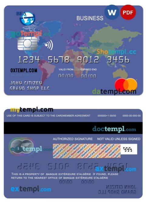 Algeria Banque extérieure d'algérie business mastercard template in PSD format