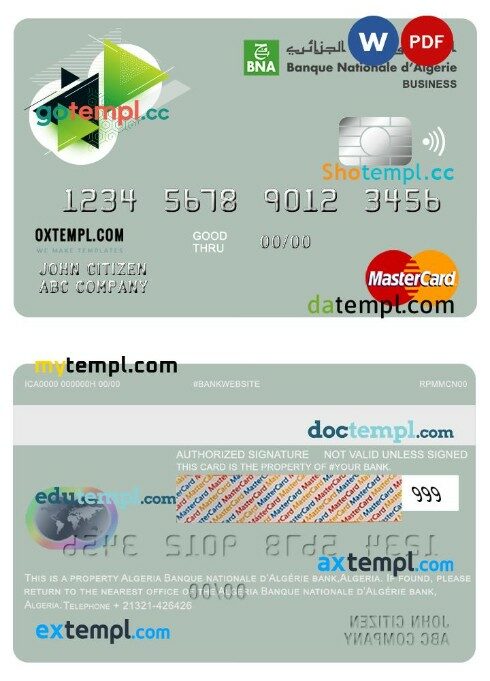 Algeria banque nationale d’Algérie (BNA) bank business mastercard template in PSD format