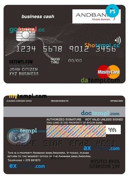 Andorra Andbank bank business cash mastercard template in PSD format