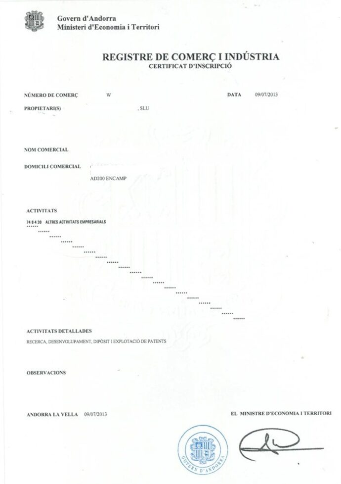 Andorra Commercial and Industrial Registration PSD template