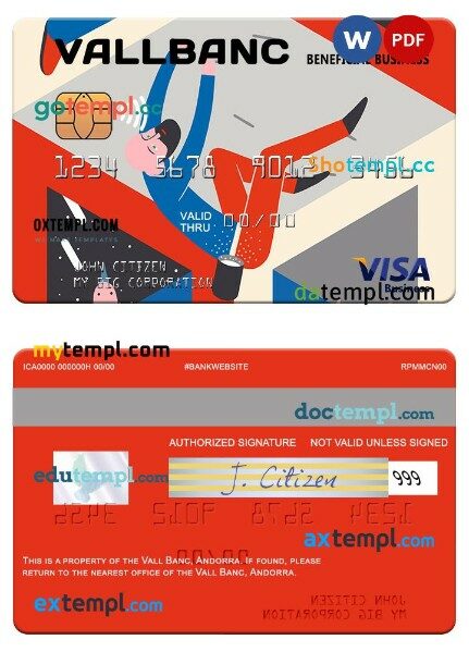 Andorra Vall Banc beneficial business visa card template in PSD format