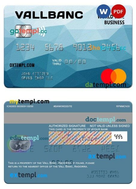 Andorra Vall Banc world elite business mastercard template in PSD format