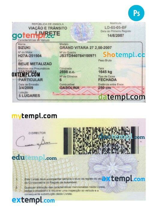 Angola vehicle registration card in PSD format