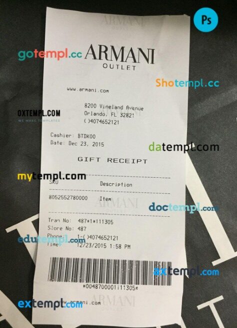 Armani outlet payment receipt PSD template